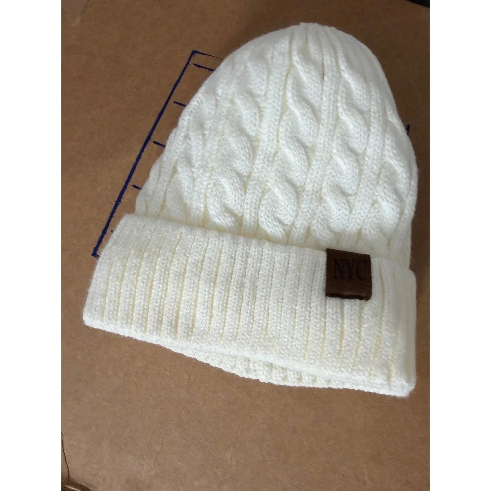NYC Cable Knit Beanie Hat Cream White Faux Fur Lined Cuffed Winter Cap